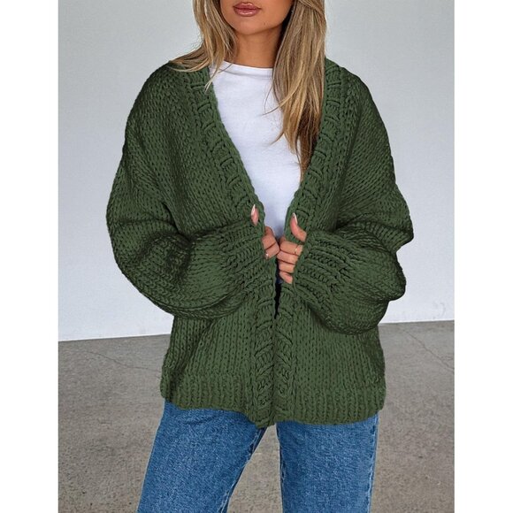 Womens Trendy Cardigan Sweaters Fall Army Green Long Sleeve Chunky Knit Outfits - Picture 6 of 8